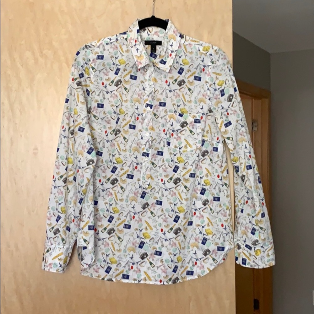Super cute J. Crew popover shirt with travel theme